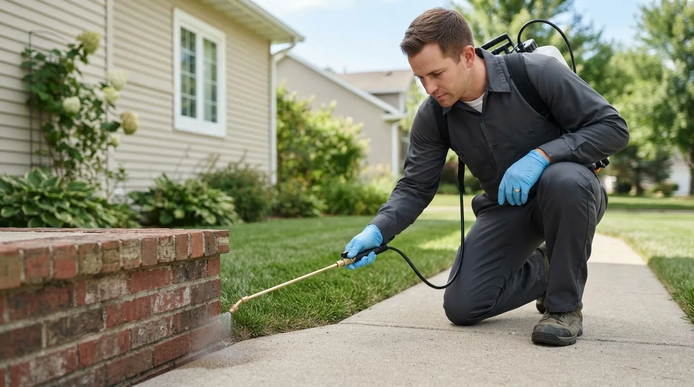 Pest control technician treating a home near Fresno, CA